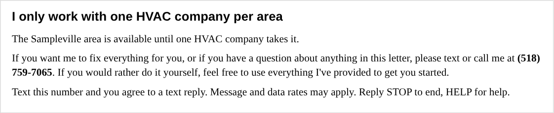 The closing of a printed letter: 'please text or call me at (518) 759-7065', and under it 'Text this number and you agree to a text reply. Message and data rates may apply. Reply STOP to end, HELP for help.'